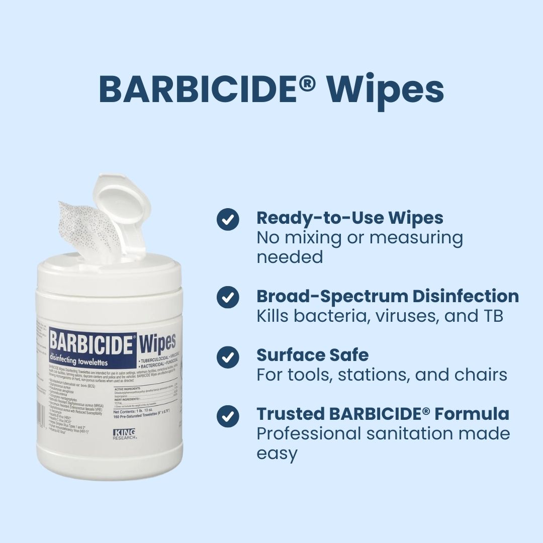 BARBICIDE disinfecting wipes featuring ready-to-use convenience and professional surface sanitation
