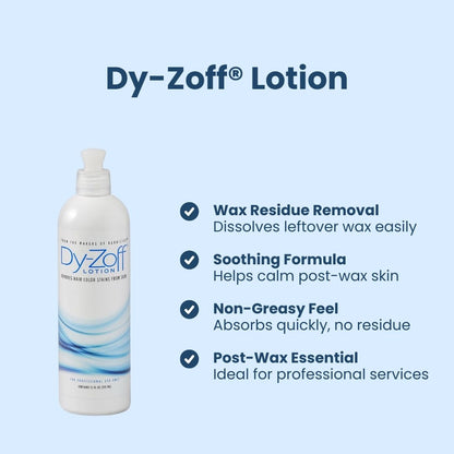 Dy-Zoff lotion highlighting wax residue removal and soothing post-wax skin care for professionals